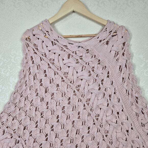 Boston Proper Wool Blend Poncho sz M/L Pink Open Knit Chunky Pastel - Picture 2 of 14